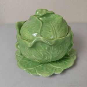 Vintage 1970's Duncan Ceramics Pottery Green Cabbage Leaf Bowl W/Lid & Tray